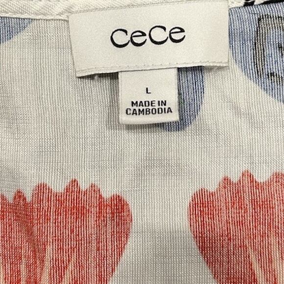 NEW CeCe Multi-Color Print Puff Sleeve V-Neck Tie Front Peplum Blouse Size Large - Picture 8 of 10